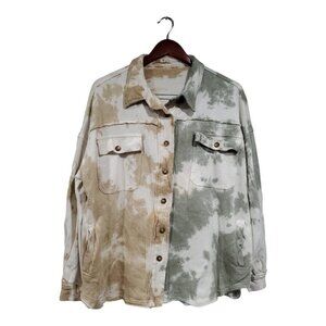 POL Women Shacket Loose Fit Destructed Shirt Jacket  Cream Tan Olive Button Sz L